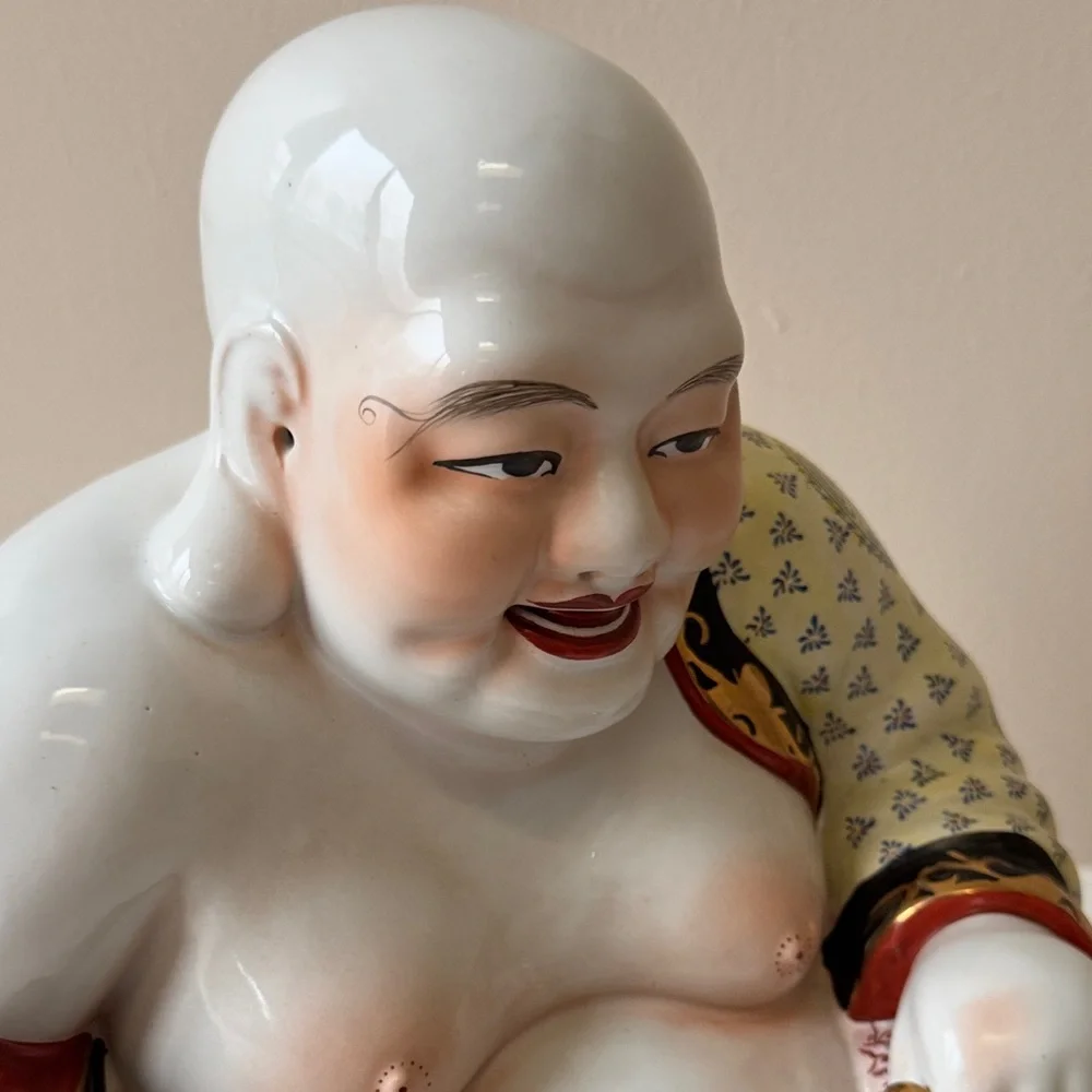 Vintage Hand-Painted Porcelain Laughing Buddha Statue in White and Multicolor - Picture 5 of 14